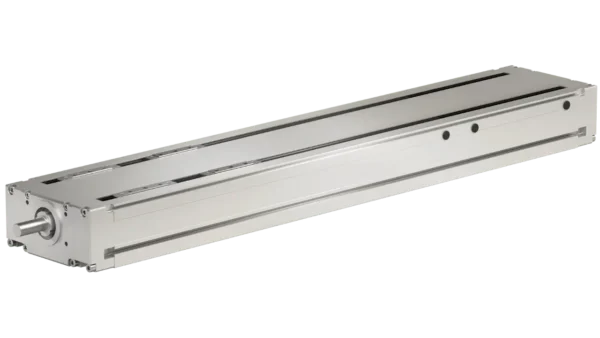 “Rollon TH linear actuators for medical device assembly: close-up of a silver TH actuator and guide rail in a cleanroom line”