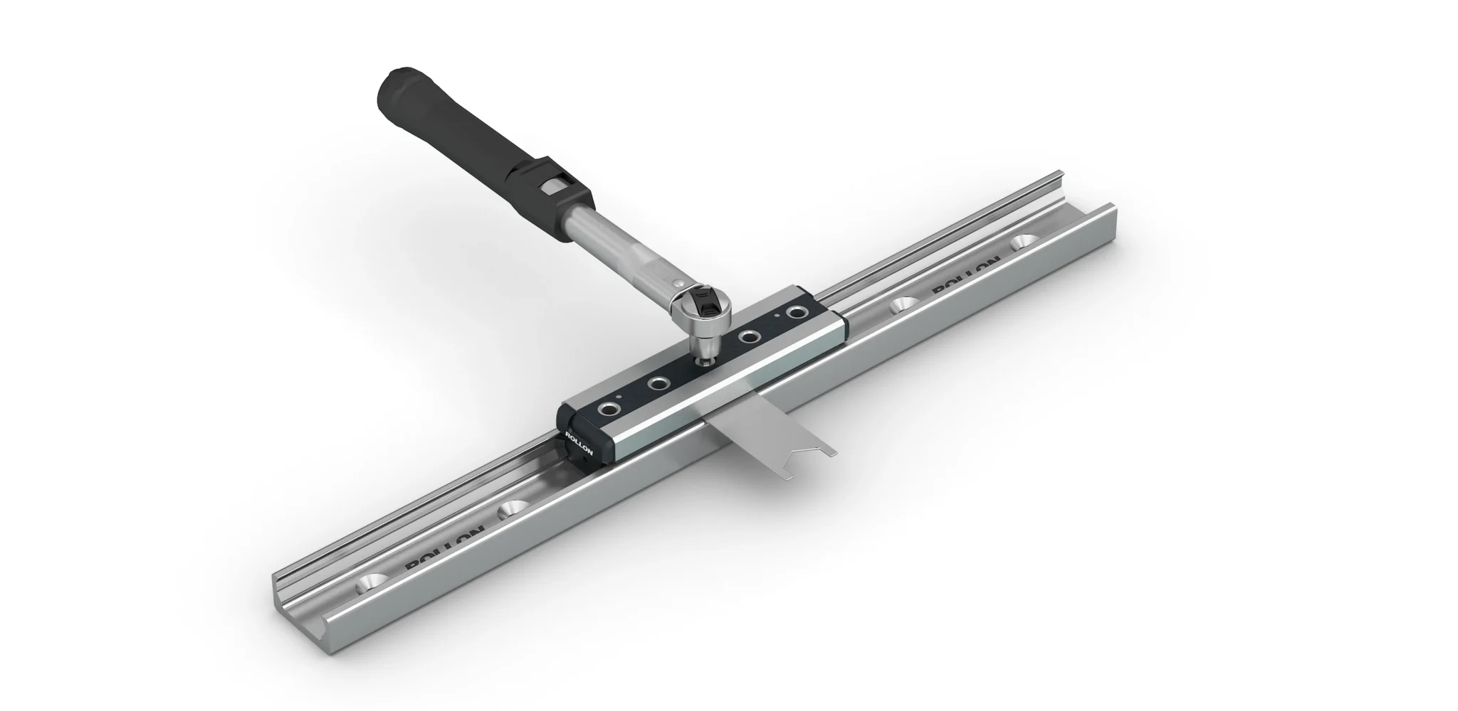 Compact Rail preload Rollon Compact Rail linear guide with carriage being adjusted for preload using a torque wrench on the mounting plate.