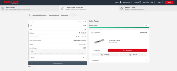 myRollon Configurator tool with Compact Rail roller guides configuration and product selection panel
